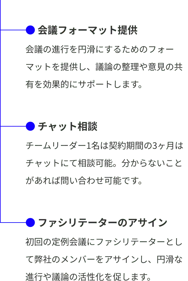 会議フォーマット提供、チャット相談、ファシリテーターのアサインのサポート内容を説明した図