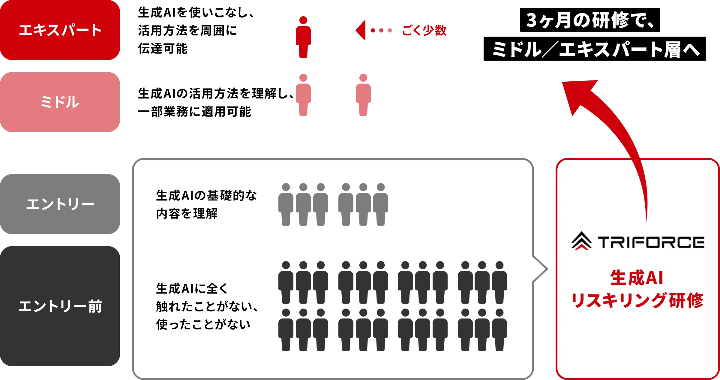 生成AIリスキリング研修の成果モデル図。研修未経験や基礎学習層の社員を、3ヶ月間のプログラムを通じて、即戦力となるミドル・エキスパート層へ育成するプロセスを示しています。